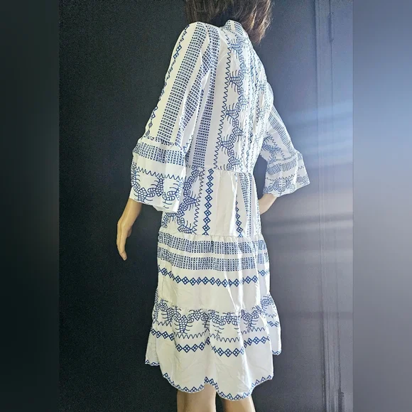 NWOT White and Blue Flounce Sleeve Tiered Dress Cover Up XS S - Picture 2 of 2